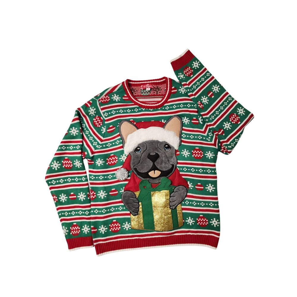 French Bulldog Ugly Christmas Sweater 33 Degrees Men's Red Green Front Pocket